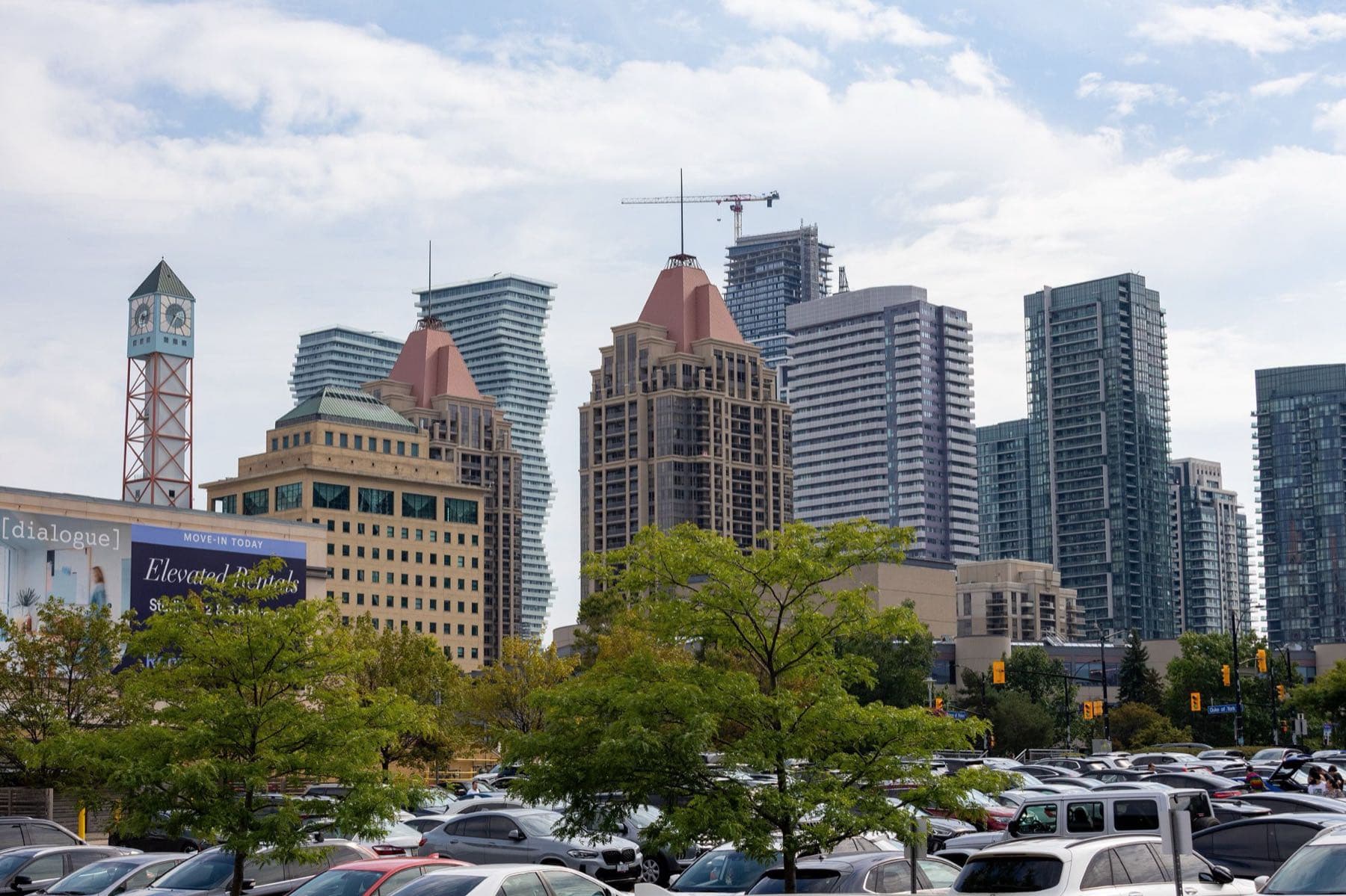 The curved Absolute condominium towers among the towers of Mississauga City Centre