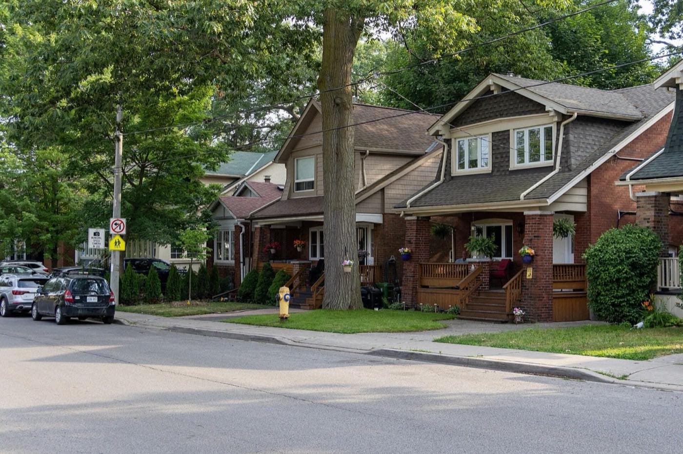 A residential street of detached houses under mature trees